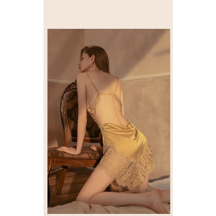 Váy ngủ sexy gợi cảm đồ ngủ dây vai tuỳ chỉnh có đệm ngực - chất lụa satin mềm mượt phối ren_DN23