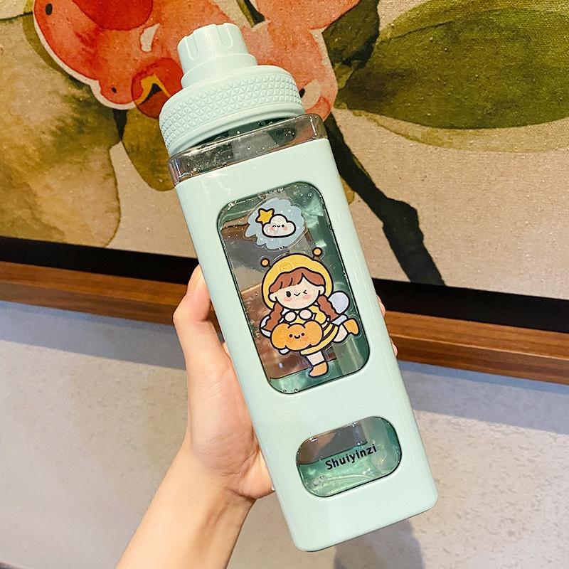 Bình Nước Vuông Dung Tích 700Ml Có Ống Hút , Quai Xách Tiện Dụng Tặng Kèm Sticker Xinh Xắn