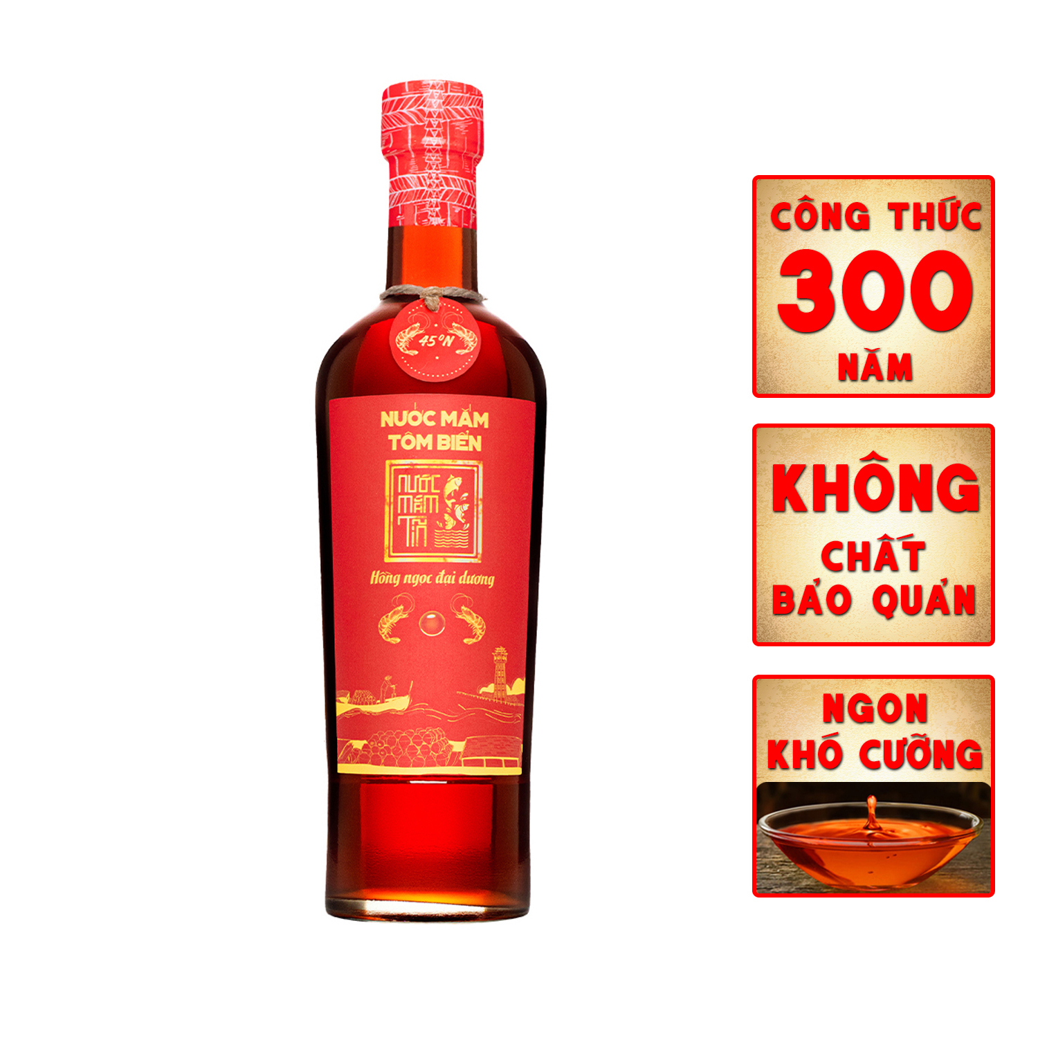 Nước mắm Tĩn Tôm Biển Hồng Ngọc Đại Dương độ đạm 45N chai thủy tinh 500ml/chai ngon nguyên chất không chất bảo quản