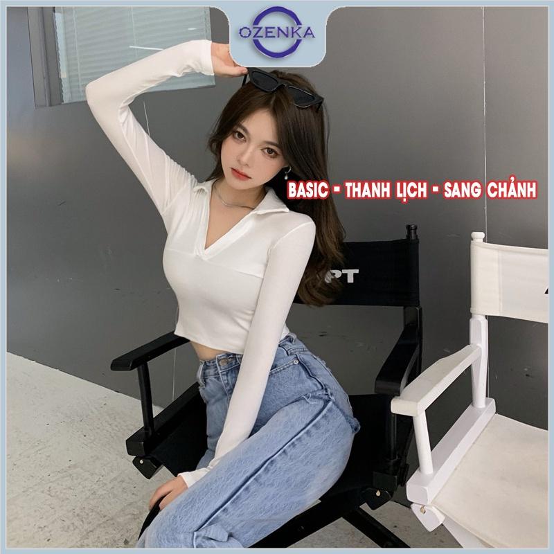 Áo croptop tay dài cổ polo sẻ v ôm nữ OZENKA , crt kiểu thanh lịch sang chảnh màu đen trắng mặc đi chơi dưới 55 kg