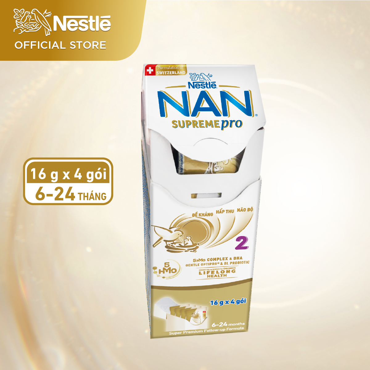 Sữa bột Nestlé NAN SupremePro 2 Hộp 4x16g với 5HMO & đạm Gentle Optipro nhập khẩu từ Đức