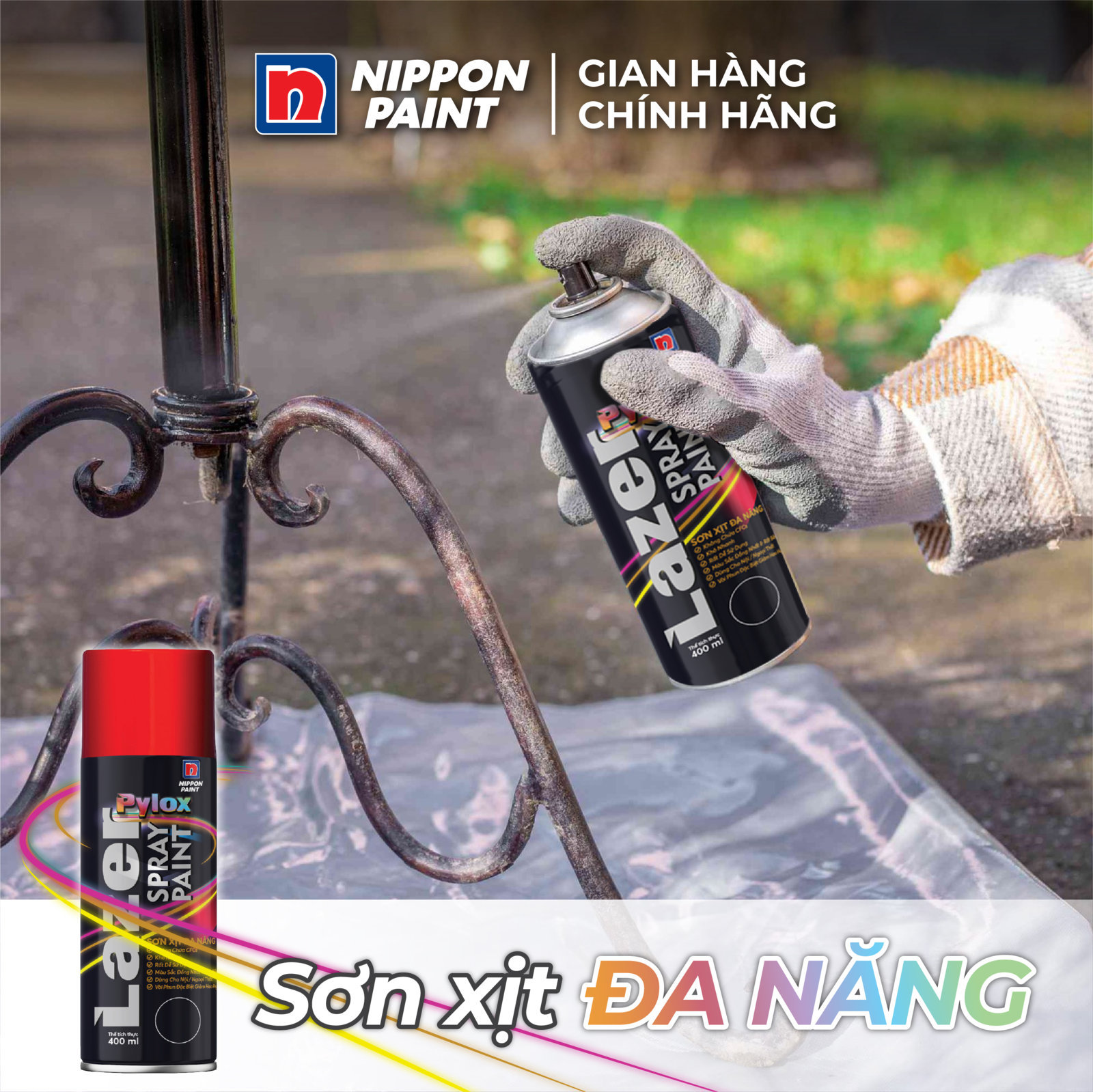 Sơn xịt đa năng Pylox Lazer - 4 MATT BLACK - Chính hãng NIPPON PAINT - Dung tích 400ml
