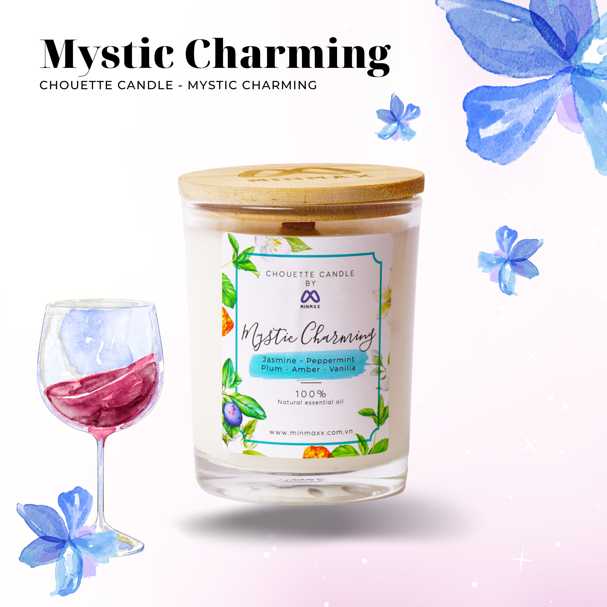 Nến thơm tinh dầu Mystic Charming Chouette Candle MinMax 182g -vanilla, hoa nhài, bạc hà, mận, hổ phách thanh mát sang trọng khử mùi làm quà tặng