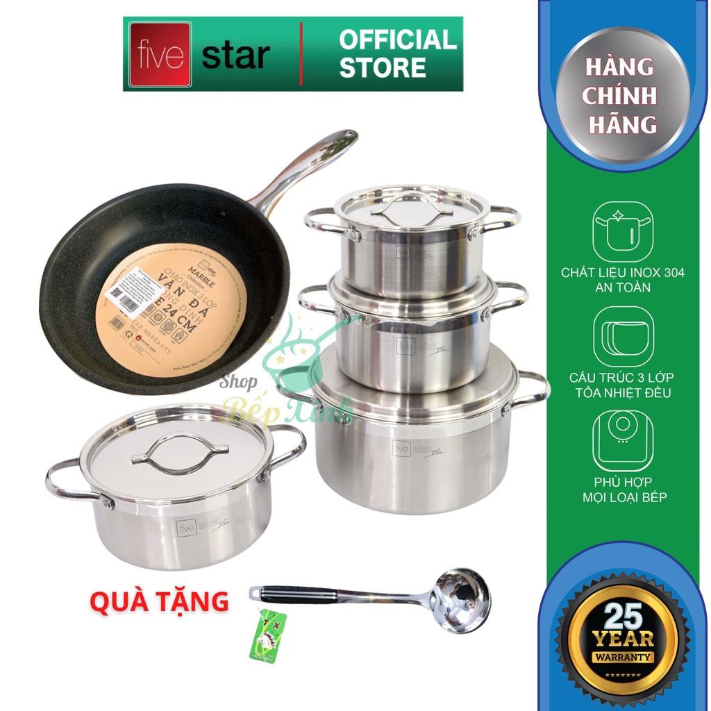 Bộ nồi và chảo chống dính vân đá 3 lớp đáy liền inox 304 Fivestar Plus 5 món quai oval nắp inox , tặng 1 vá canh