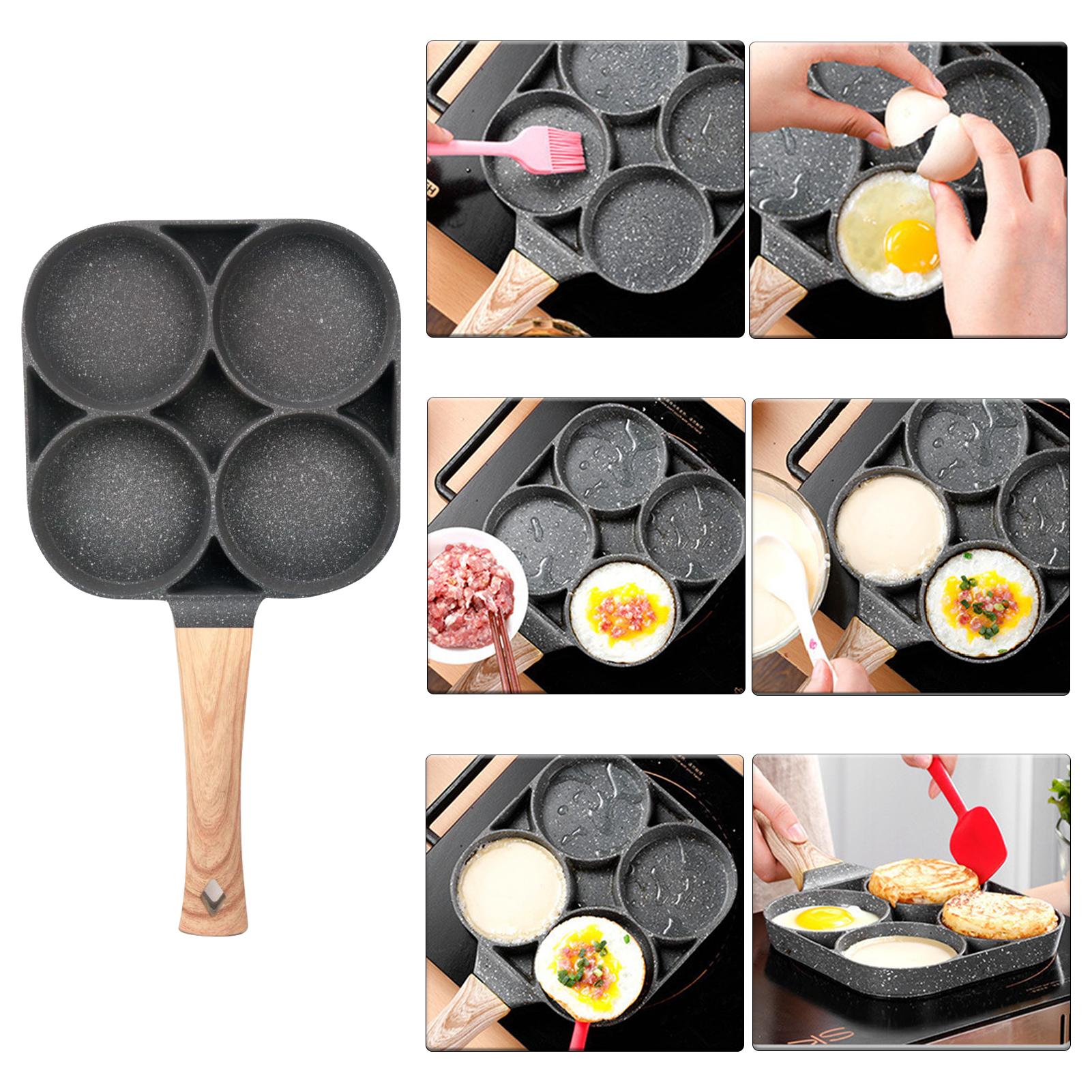 Chảo Chiên Rán Trứng Làm Bánh 4 Ngăn 4 Lỗ Buger Chống Dính, Tay Cầm Gỗ