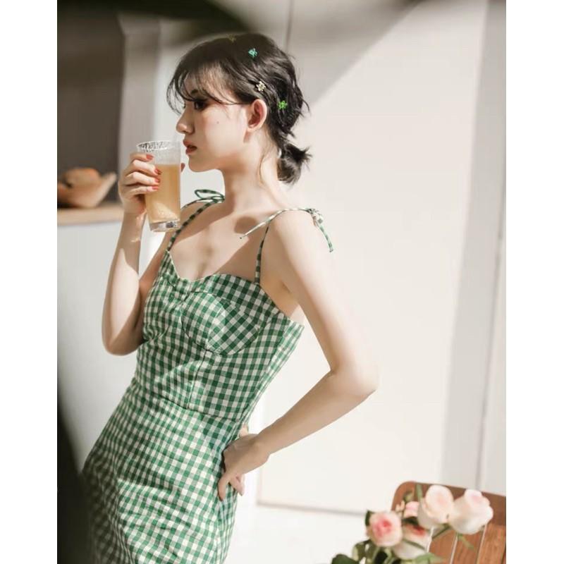 Đầm caro xanh 2d