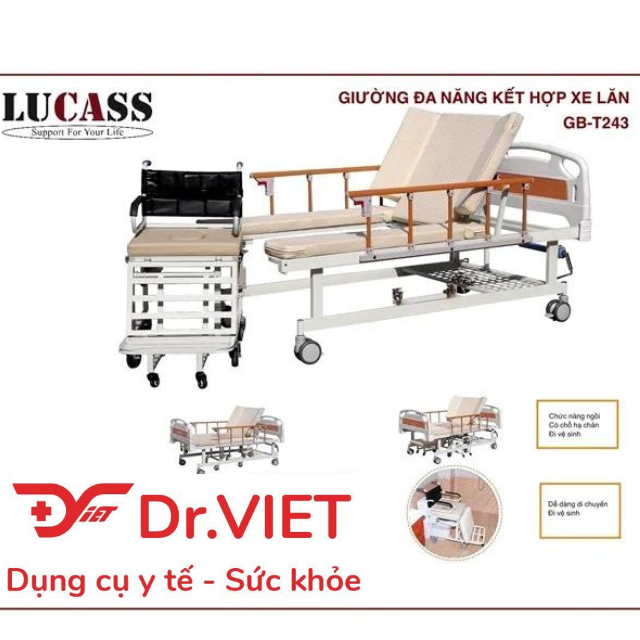 Giường bệnh đa năng kết hợp xe lăn Lucass GB-T243 chính hãng, thiết kế tiện lợi