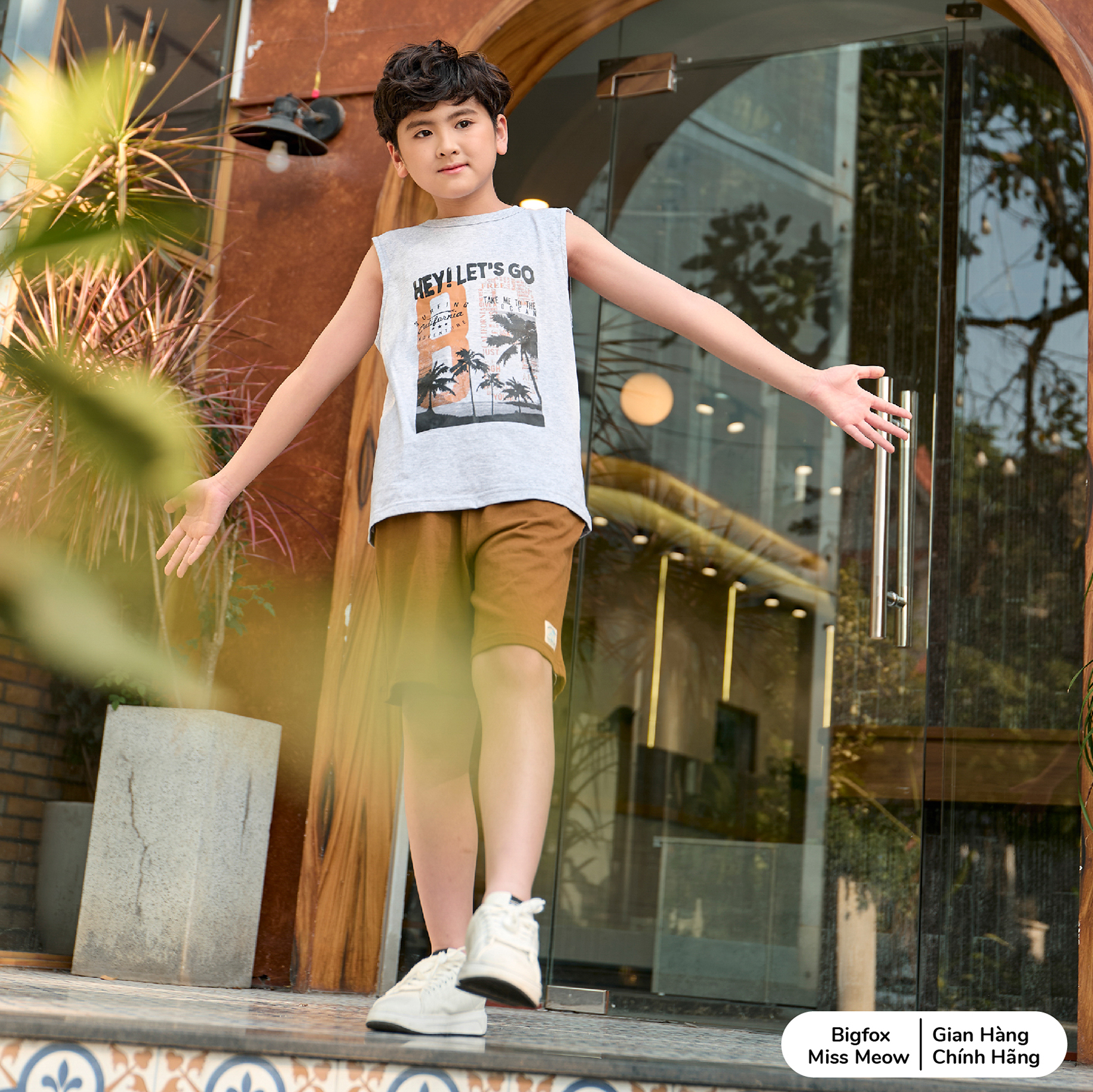 Đồ bộ bé trai ba lỗ sát nách Bigfox Miss Meow size đại mặc nhà mùa hè vải cotton thoáng mát cỡ 12-15 tuổi 40kg-50kg