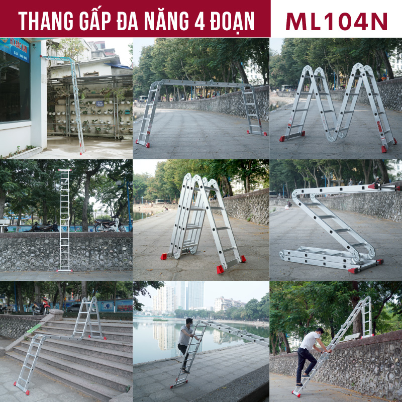 Thang nhôm gấp 4 đoạn đa năng FUJIHOME ML104N, cao chữ A 2.2m - chữ I 4,4 mét ,14 tư thế sử dụng , chốt khóa tự động, chân chống trơn trượt- Hàng chính hãng