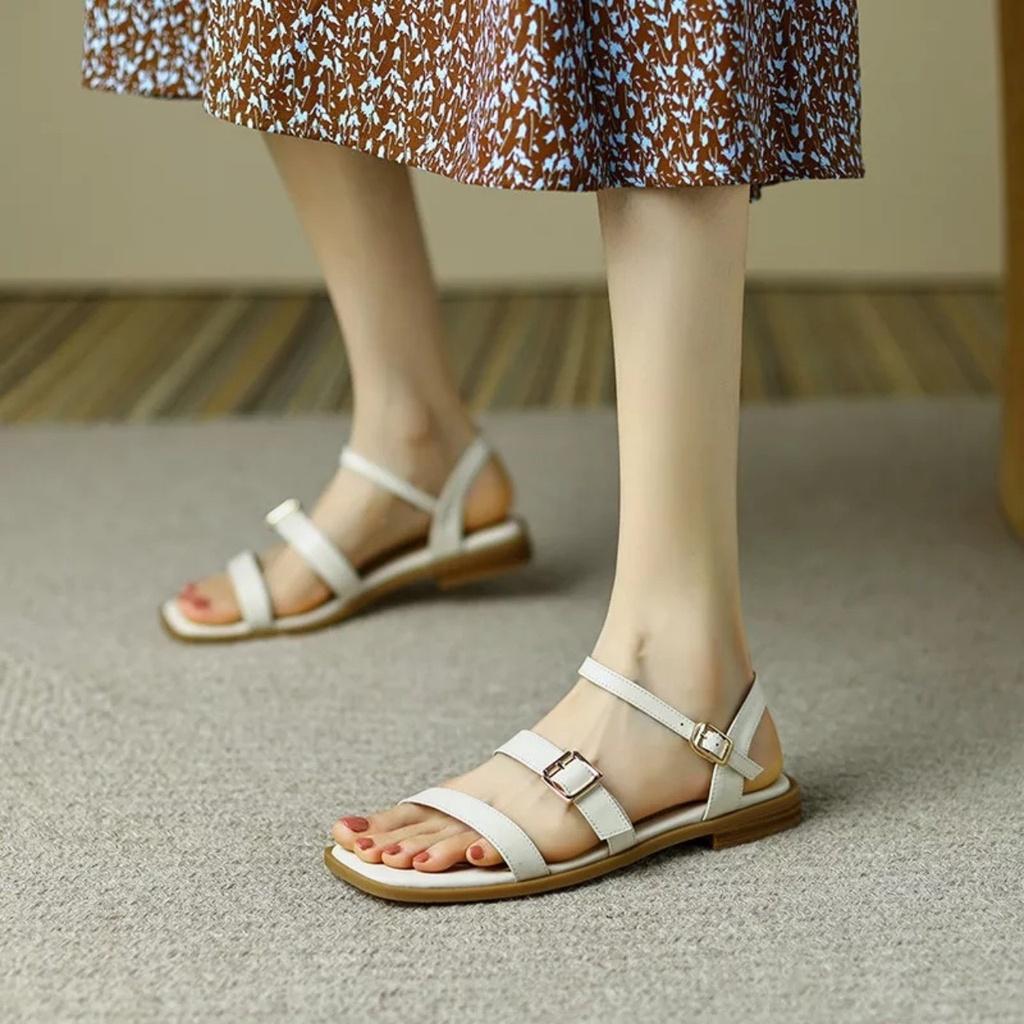 Giày sandal đế bệt mũi vuông 2 quai-CH50- dép quai hậu dây mảnh 1 khoá vuông dosareal phong cách truyền thống