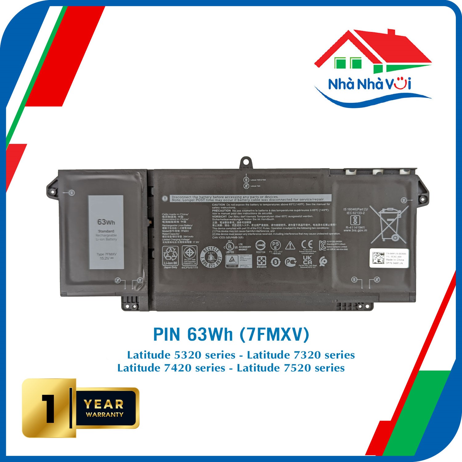 Pin Dành Cho Laptop Dell Latitude 5320 7320 7420 7520 Mã Pin 7FMXV Dung Lượng 63Wh