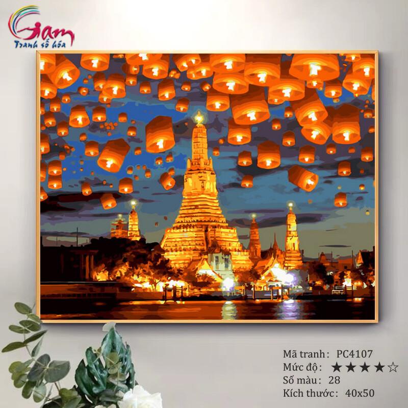 Tranh sơn dầu số hóa tự tô màu lễ hội đèn trời chùa Wat Arun PC4107