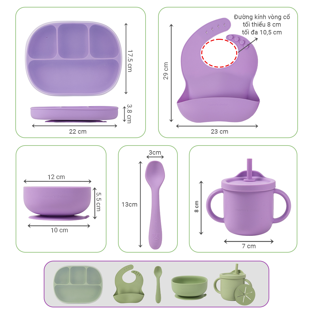 Bộ Ăn Dặm Cho Bé Thương Hiệu Mama's Choice, Combo Ăn Dặm Bát-Khay-Yếm-Thìa-Cốc Silicone Cao Cấp