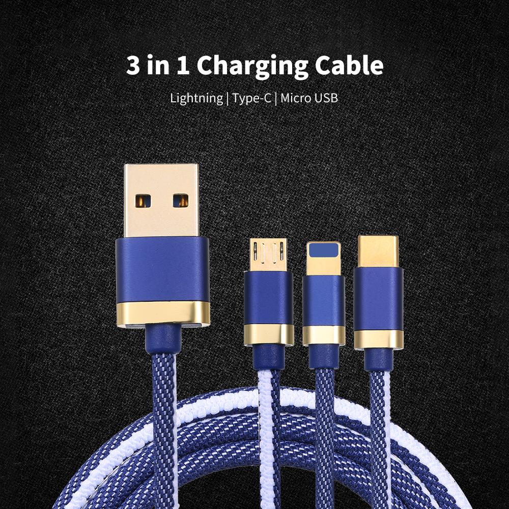Cáp sạc 3 trong 1 có Micro USB / Type-c Thay thế cho iPhone Xiaomi Huawei Samsung Bện vải 1.2M