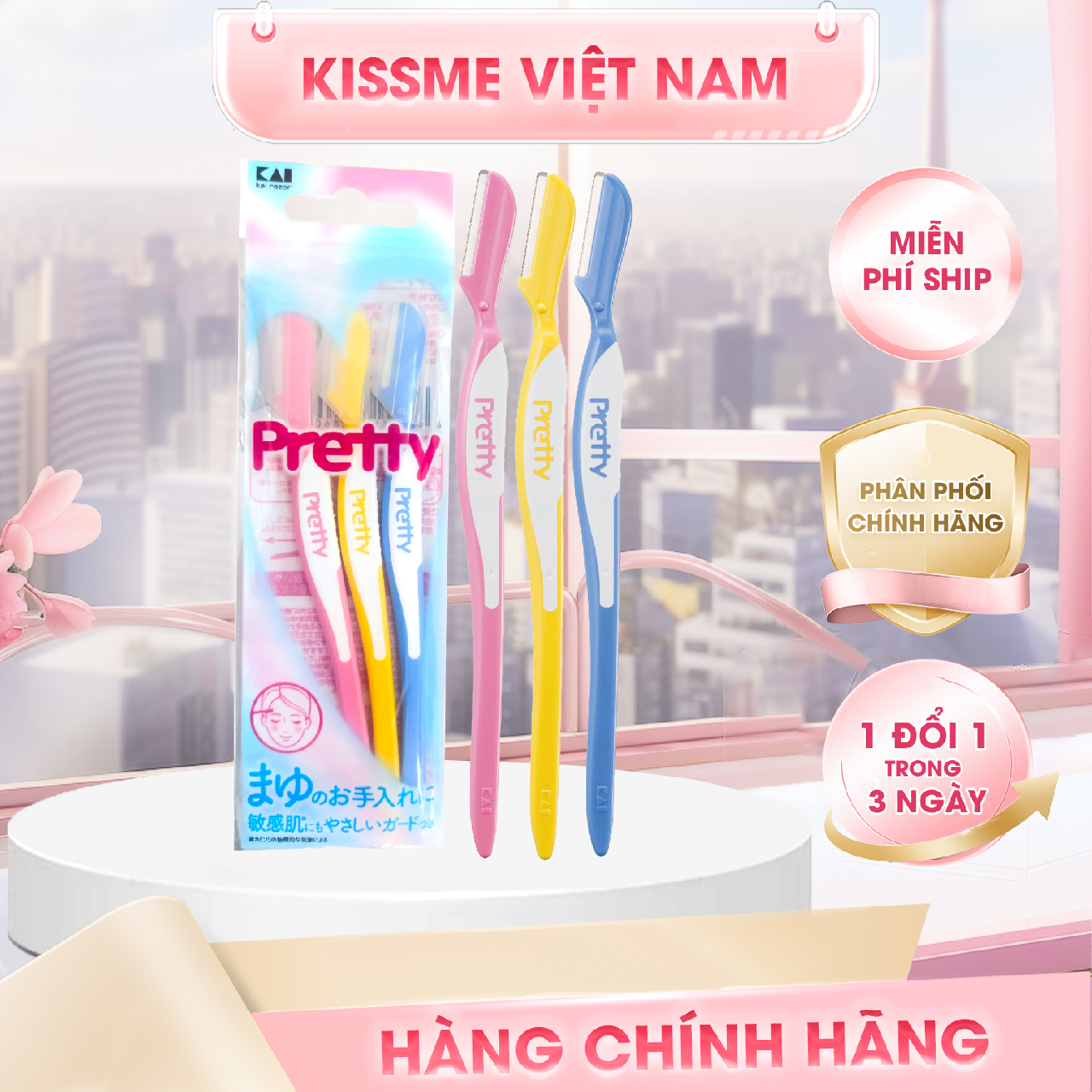 Dao Cạo Lông Mày Cán Dài Kai Pretty 12860 - FRML-3PN (Set 3 cây)