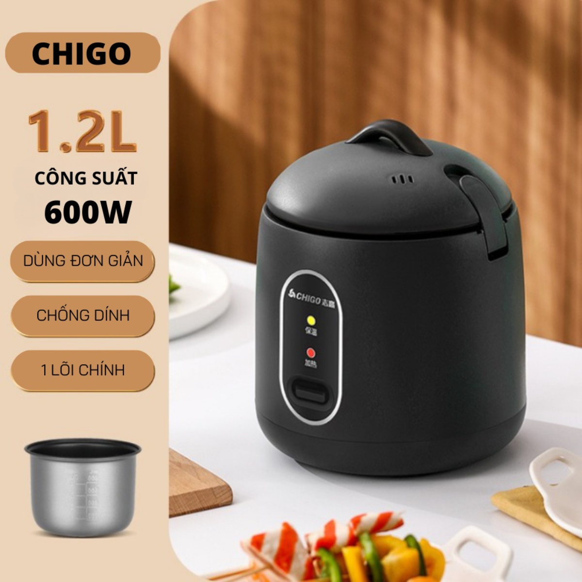 Nồi Cơm Điện Mini Chigo Chống Dính - Nồi Nấu Đa Năng Nấu Cơm, Hầm Cháo, Xào, Nấu Không Sợ Bong Tróc An Toàn Cho Sức Khỏe