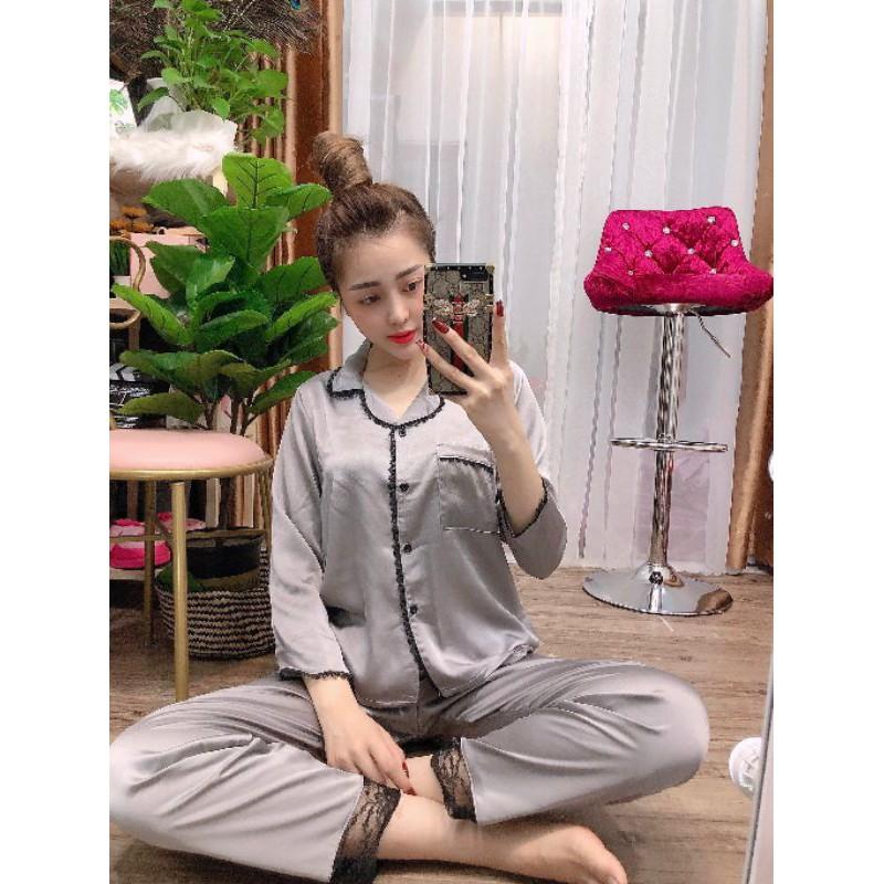 đồ bộ nữ pijama tay dài quần dài lụa satin phối ren cao cấp siêu mịn