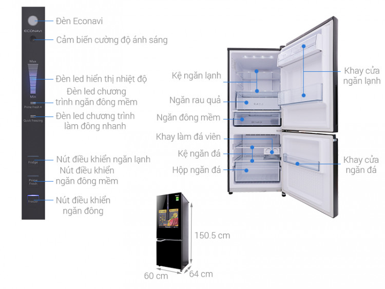 Thông số kỹ thuật Tủ lạnh Panasonic Inverter 255 lít NR-BV288GKV2