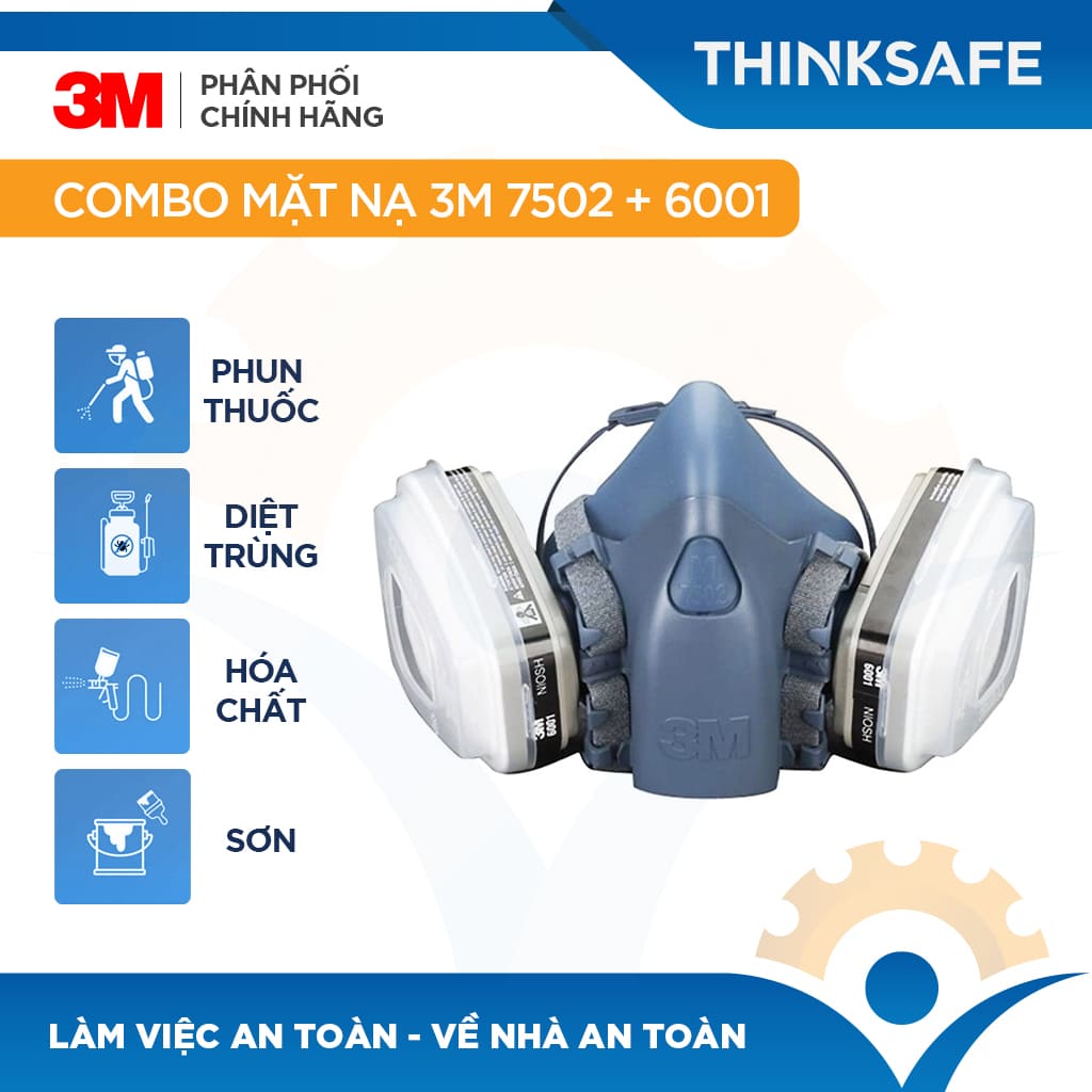Mặt nạ phòng độc 3M 7502 bộ 7 món sử dụng phin 3M 6001 phun sơn hàn xì - lọc hơi hữu cơ