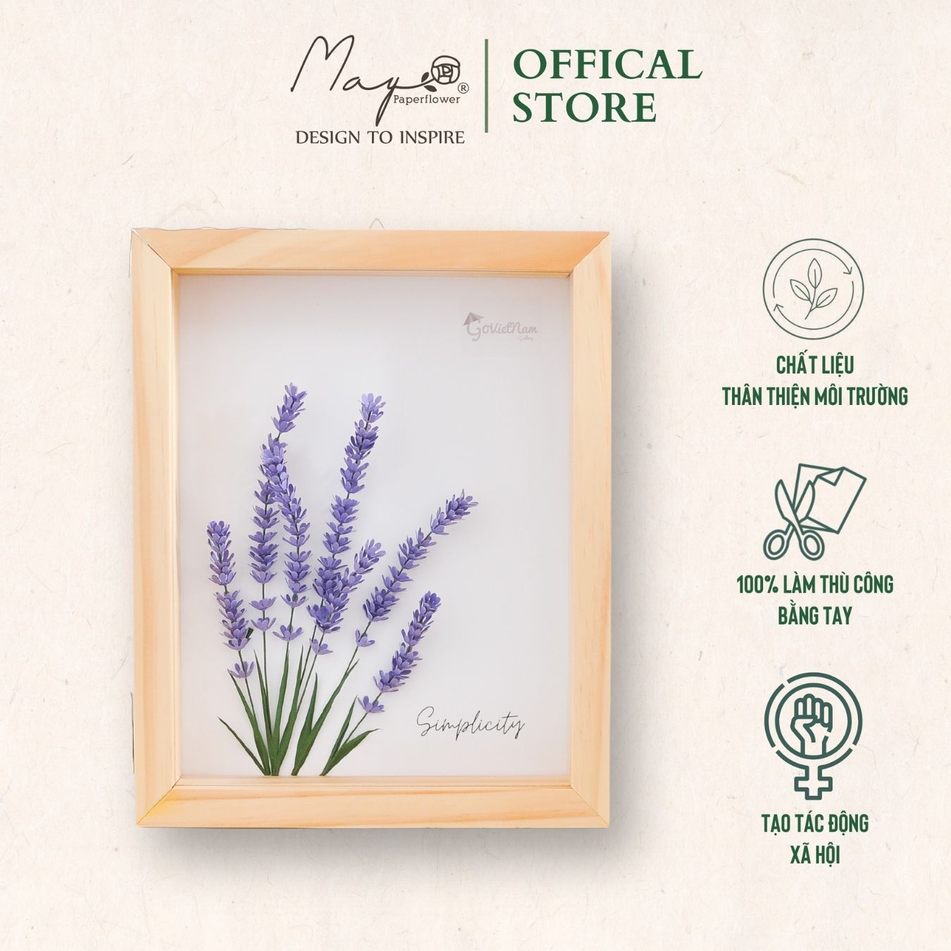 Hình ảnh Tranh Hoa Giấy Handmade Trang Trí - Hoa Lavender MAYPAPERFLOWER Khung Tranh Gỗ Size 20x25cm