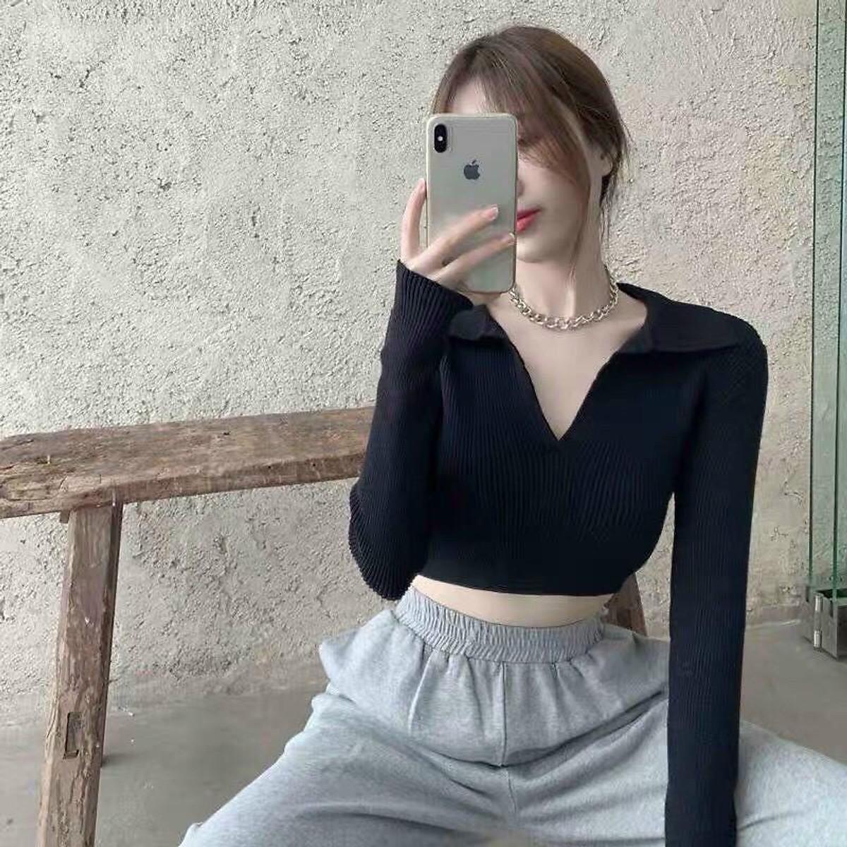 Áo Croptop Cổ Polo Dài Tay Thắt Nơ Lưng Chất Borip Cực Sang Cực Đẹp