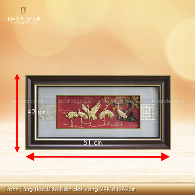 Tranh Tùng Hạc Diên Niên dát vàng 24K 81x42cm