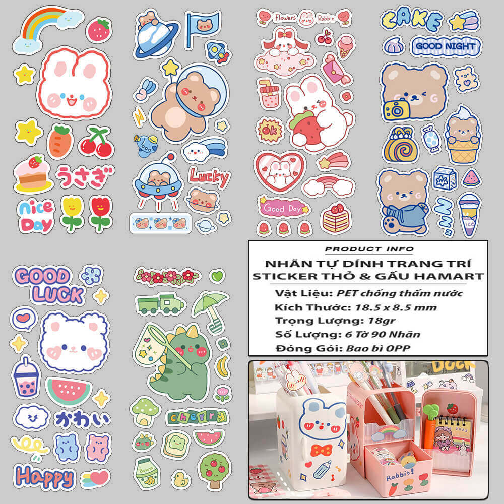 SET 6 Tờ 90 Nhãn Dán Sticker Thỏ Gấu PET Trong Suốt Cute Không Thấm Nước Trang Trí Dễ Thương