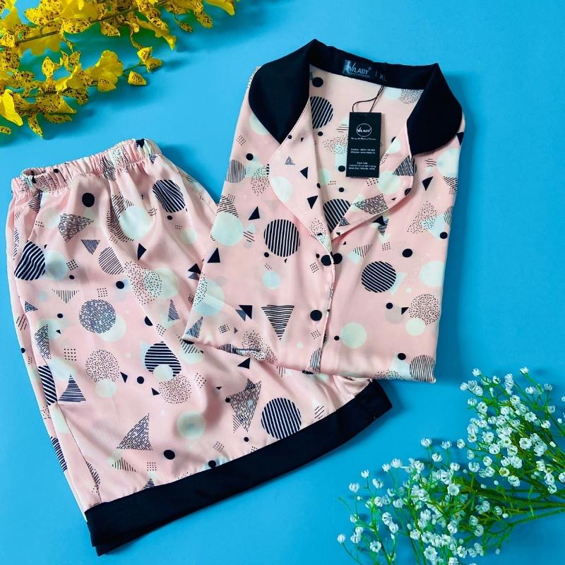 Đồ bộ pijama lụa, đồ mặc nhà nữ Vilady - B137 kiểu đồ bộ ngắn họa tiết hình học siêu dễ thương, chất liêu lụa Pháp cao cấp - Màu hồng