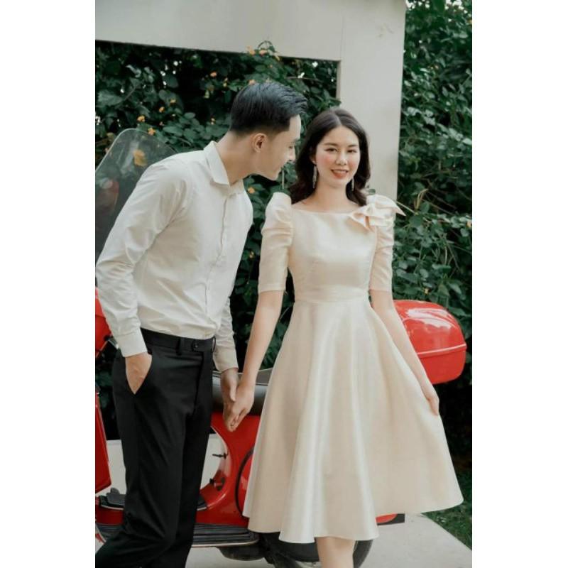 Đầm váy nữ xòe tay bồng phối nơ vai TKN