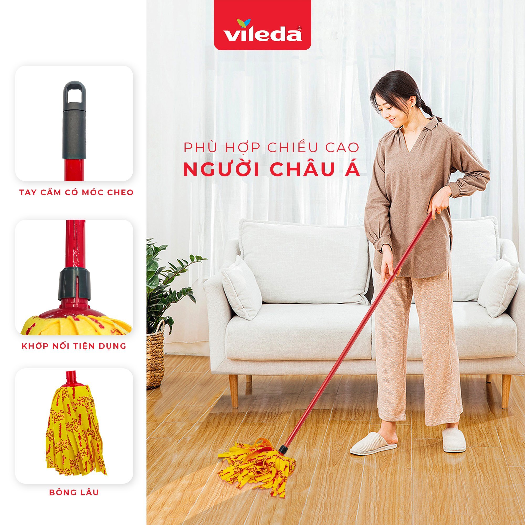 Cây lau nhà VILEDA Supermocio Soft vải sợi siêu nhỏ, thấm hút nhanh phù hợp sàn gỗ các loại