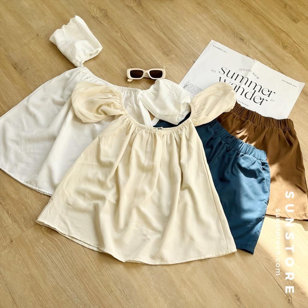 Set đồ nữ đi biển mùa hè áo trễ vai và quần short nữ lưng chun 2 màu
