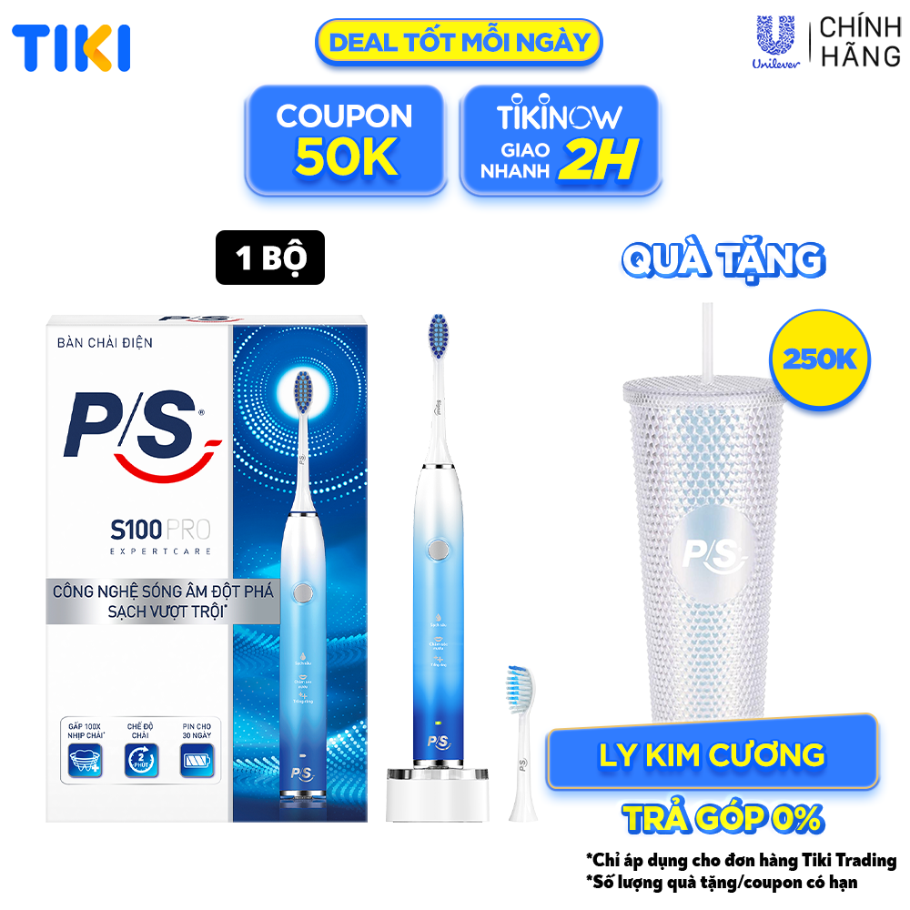 Bàn Chải Điện P/S S100 PRO Trắng Răng Công Nghệ Sóng Âm Xanh Chải Sạch Mảng Bám Tới 10X 1 bộ