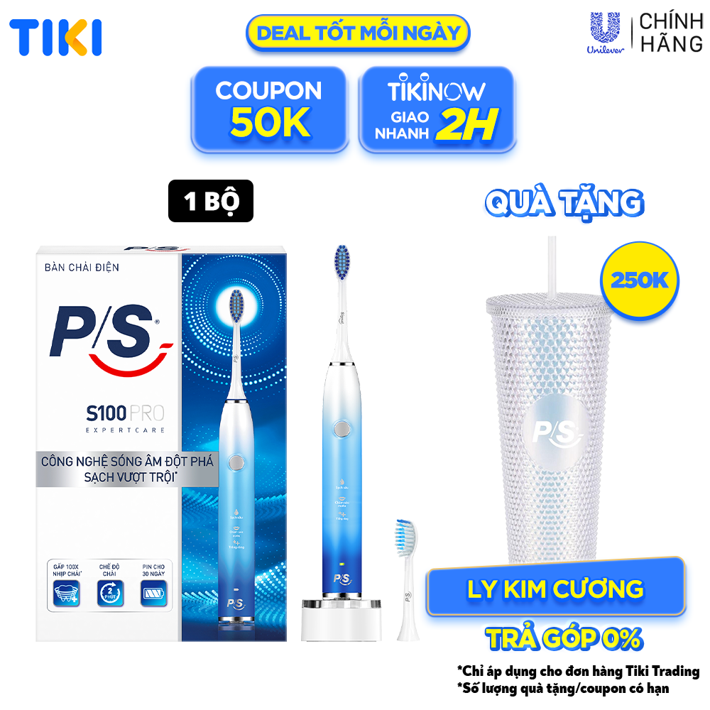 [Coupon giảm 50K]Bàn Chải Điện P/S S100 PRO Trắng Răng Công Nghệ Sóng Âm Xanh Chải Sạch Mảng Bám Tới 10X 1 bộ