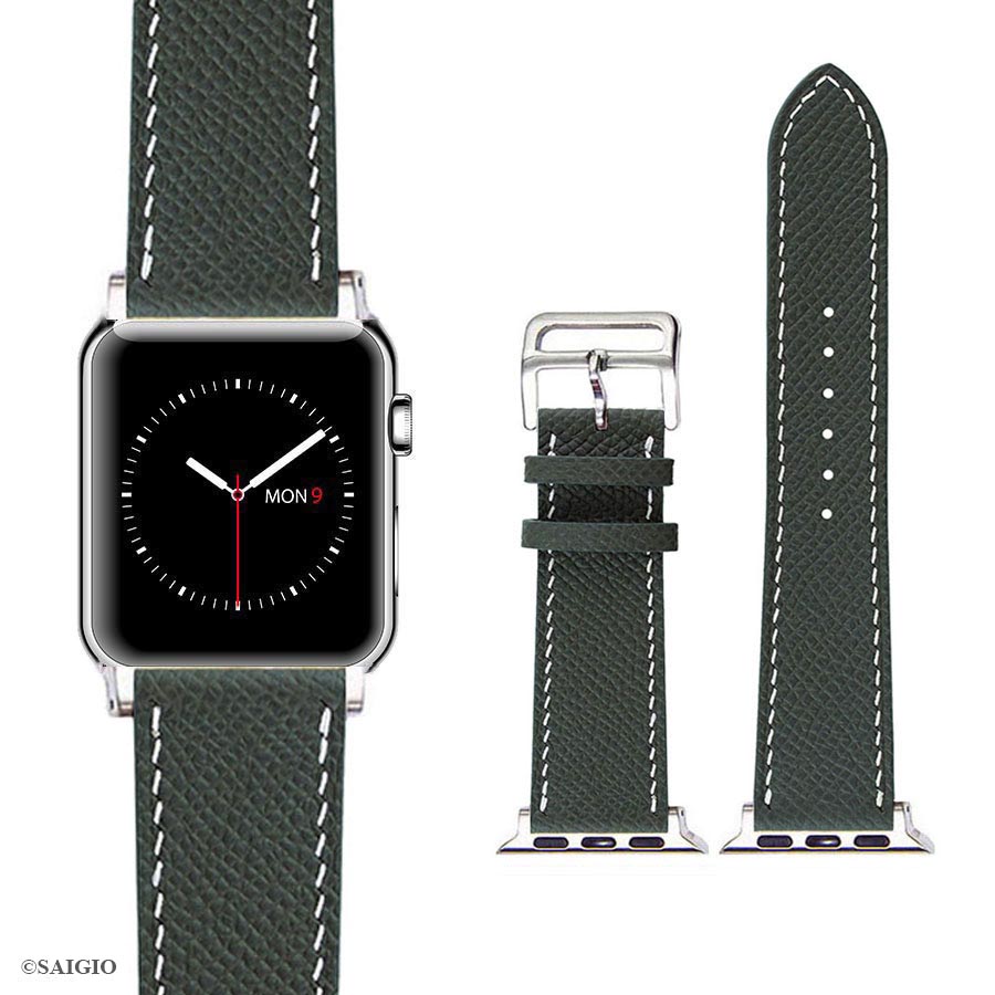 Dây Đồng Hồ Apple Watch 41mm 40mm 38mm, Chất Liệu Da Bê EPSOM Thảo Mộc Cao Cấp, Nhập Khẩu Từ Châu Âu, Dây Đeo Phong Cách Hiện Đại và Sang Trọng, Tương Thích Các Phiên Bản Series 8/7/6/5/4/3/2/1/SE/SE2 - Xanh Midnight/Chỉ Trắng - ADAPTER VÀNG