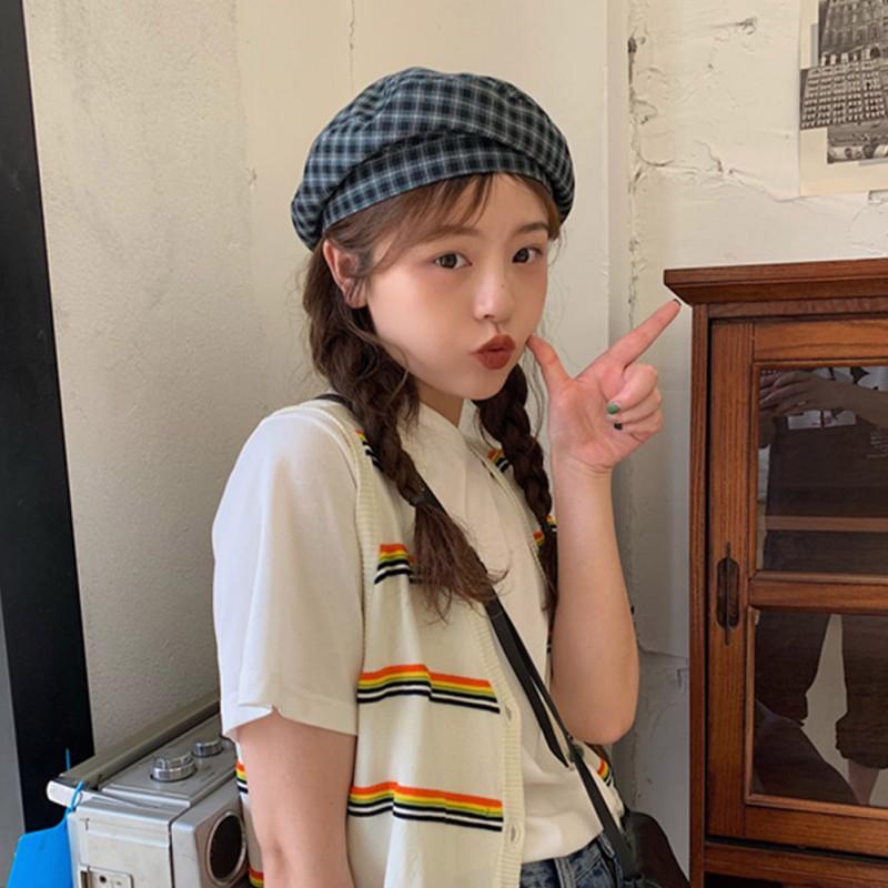 Mũ beret họa tiết ca rô phong cách Hàn Quốc đơn giản xinh xắn dành cho nữ