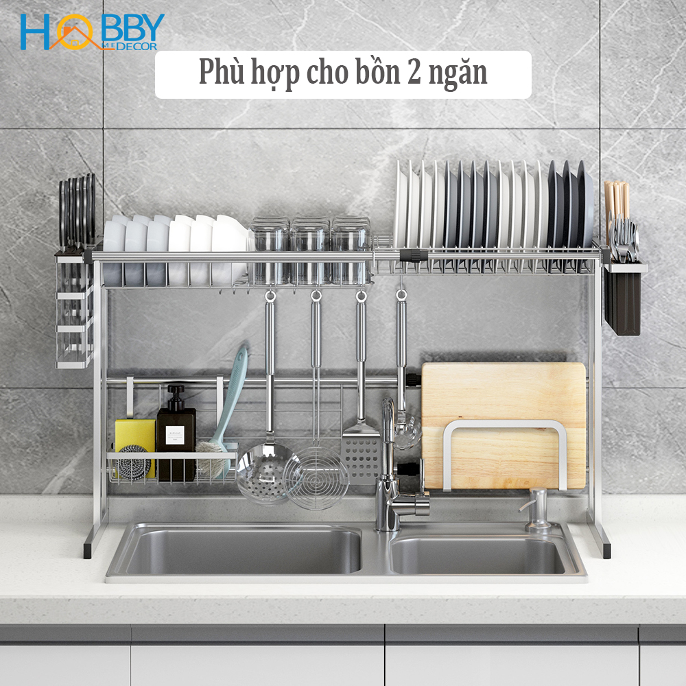 Kệ chén đa năng Inox 304 HOBBY KC6N cao cấp - 6 ngăn - co dãn được - phù hợp bồn chậu rửa bát 1 và 2 ngăn