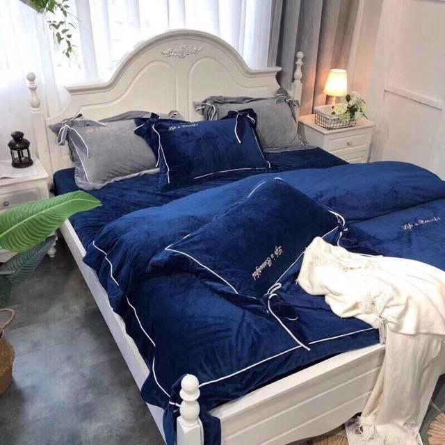 Bộ chăn ga gối Nỉ Nhung nơ điệu đà hàng đẹp