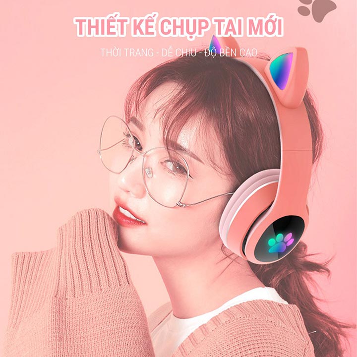 Tai nghe chụp tai headphone bluetooth Hewolf tai nghe mèo không dây hàng chính hãng có đèn LED nghe nhạc chơi game đàm thoại dùng được cho điện thoại, laptop, máy tính