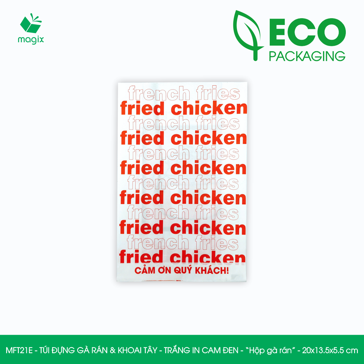 MFT21E - 20x13.5x5.5 cm - 100 Túi giấy MG đựng gà rán và khoai tây chiên, túi đựng thực phẩm