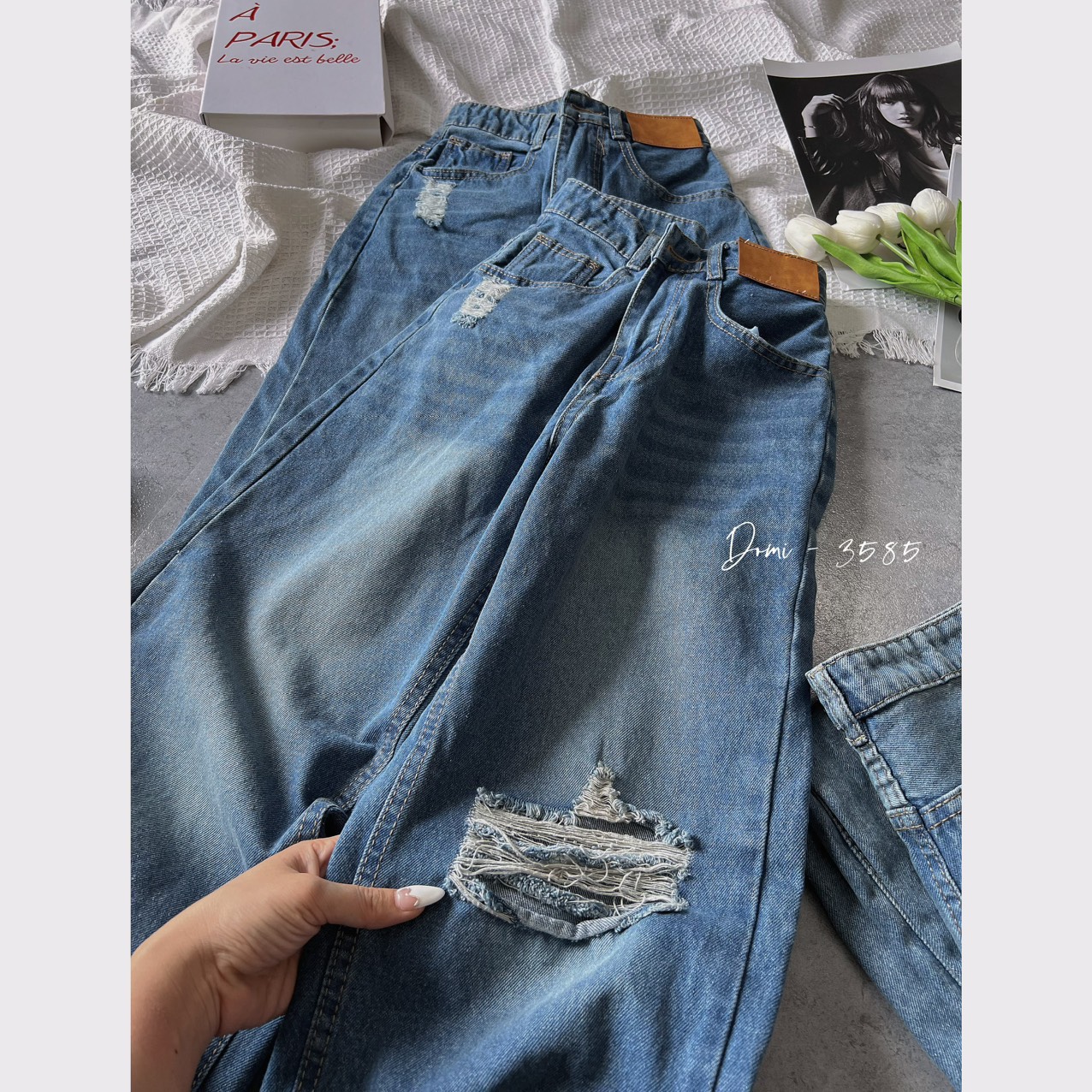 QUẦN BAGGY JEAN NỮ RÁCH , BAGGY JEAN CO GIÃN LƯNG CAO TÔN DÁNG DỄ PHỐI ĐỒ