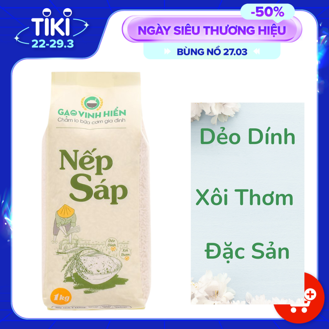 Gạo Nếp Sáp Vinh Hiển túi 1KG (dẻo dính, xôi thơm) Nếp sạch 3 KHÔNG