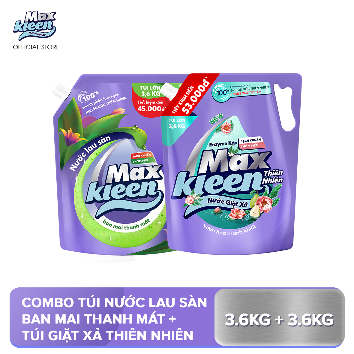 Combo Túi Nước Lau Sàn 3.6kg Ban Mai Thanh Mát + Túi Nước Giặt Xả MaxKleen 3.6kg Thiên Nhiên