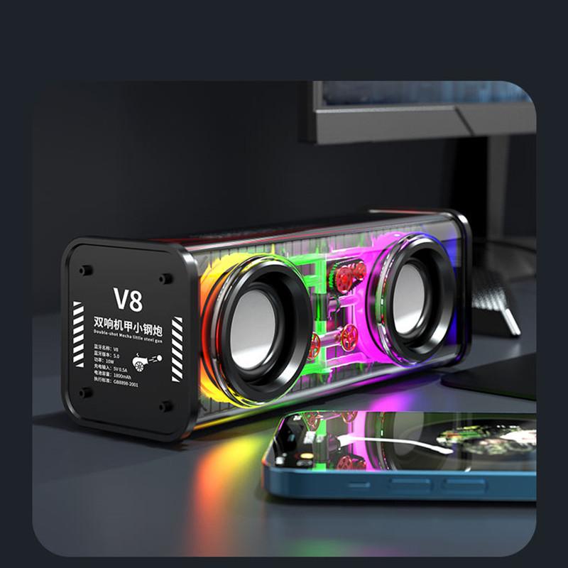 2023 Mới V8 Loa cơ hai sừng trong suốt Loa siêu trầm di động ngoài trời Bass Loa BT 5.0 không dây có đèn LED RGB Màu sắc: Đen