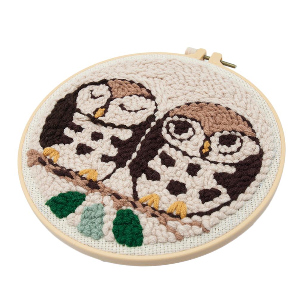 2pcs Cute Animal Owl Punch Needle Kits Hoop Soft Yarn DIY Needlework Set