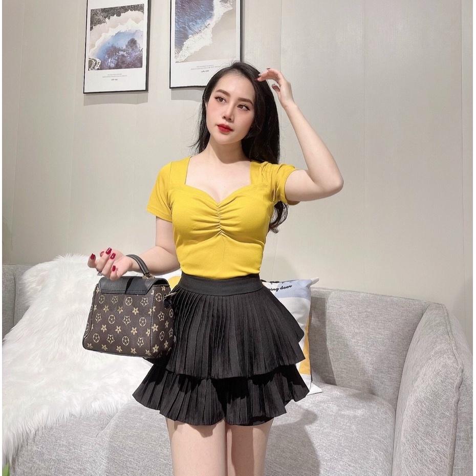Áo thun nữ kiểu cổ vuông nhún ngực ôm body - Áo phông nữ tay ngắn chất thun cotton mềm mại tôn dáng