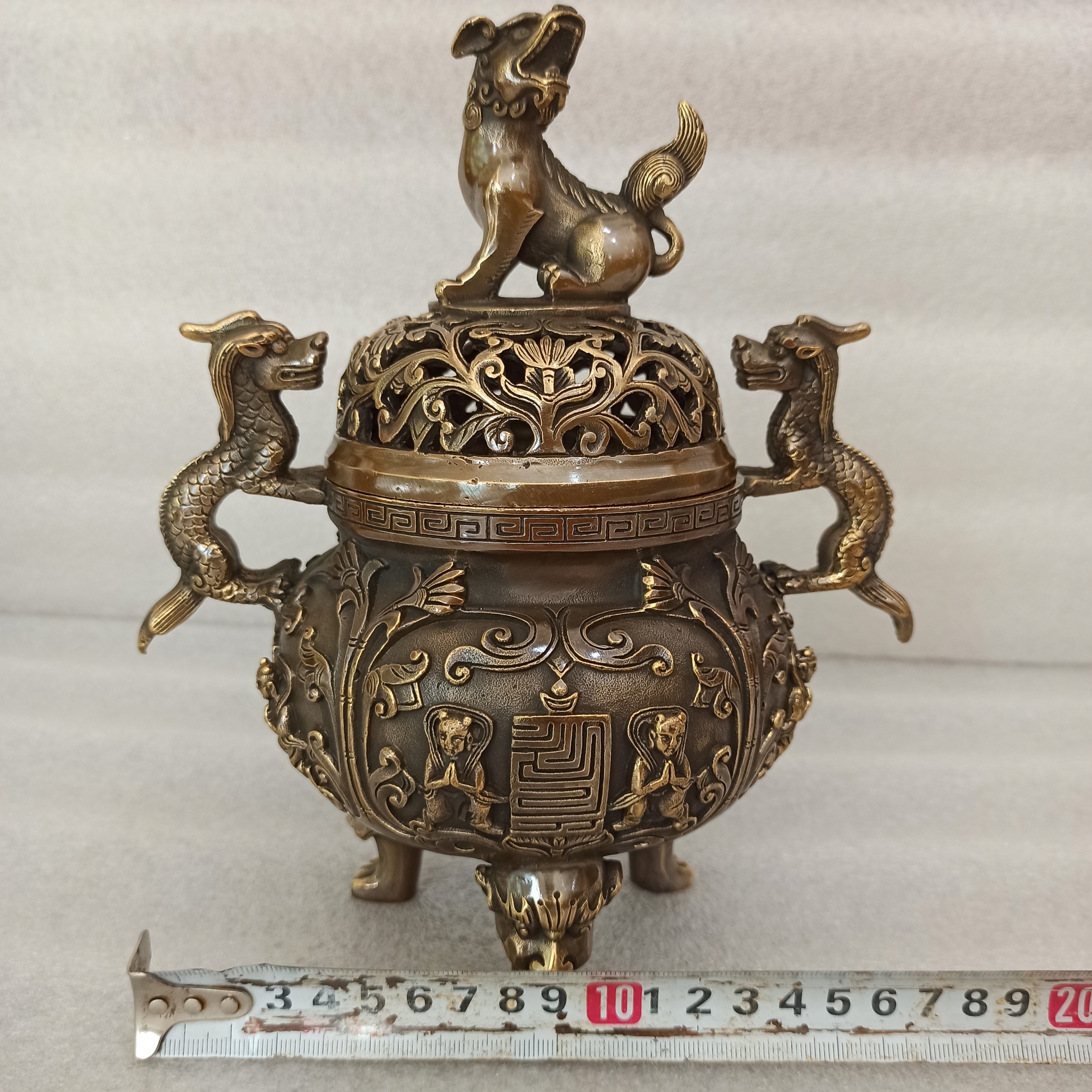 Đỉnh lư đồng xông trầm cao 23cm hàng VIP, đỉnh lư đồng đốt trầm hương cỡ đại hoa văn đồng tử cầu phúc
