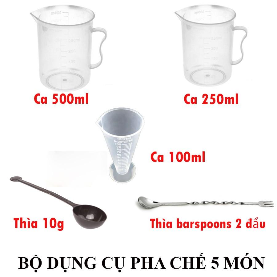 Combo bộ dụng cụ pha chế chuyên nghiệp 5 món (ca 500-250-100ml, thìa 10g, thìa khuấy 2 đầu inox)