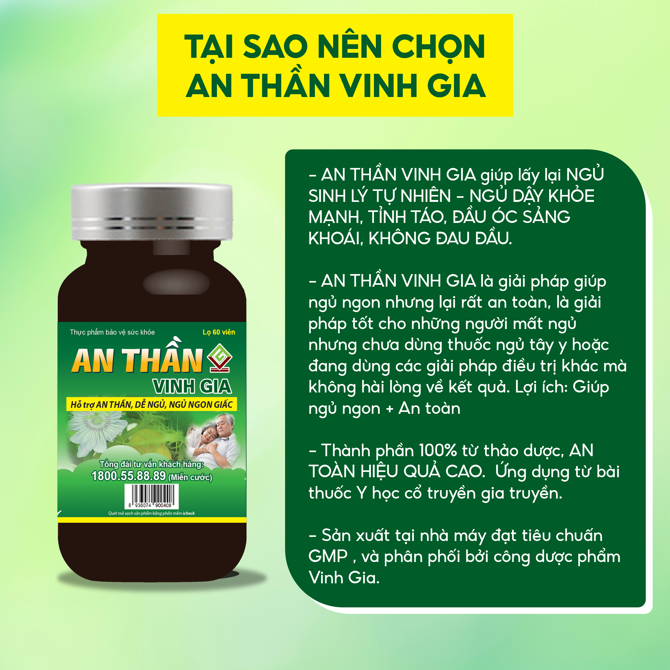 Viên Uống An Thần VINH GIA Hỗ Trợ Ngủ Ngon, Giảm Căng Thẳng Mệt Mỏi Cho Người Bị Suy Nhược Thần Kinh 60 Viên/Hộp