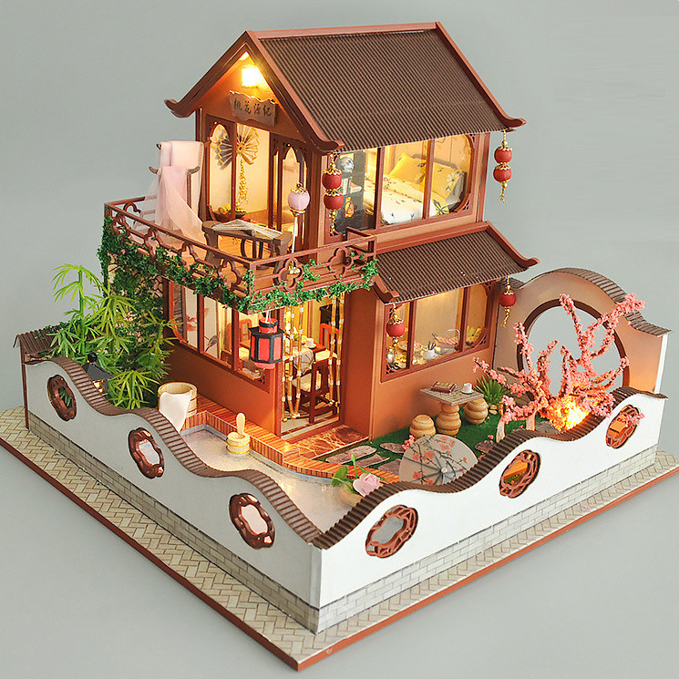 Mô hình nhà DIY Doll House Ancient Style Paradise Kèm Hộp nhạc và Mica Chống bụi