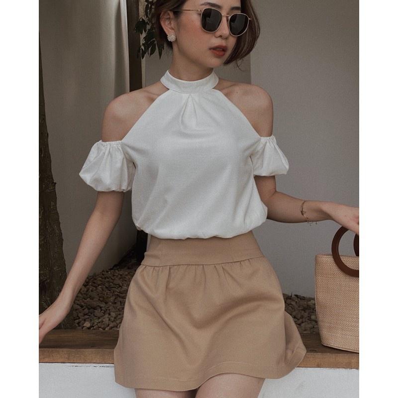 Áo trễ vai croptop tay bồng - Áo kiểu nữ chất Linen, thiết kế cổ yếm 2021